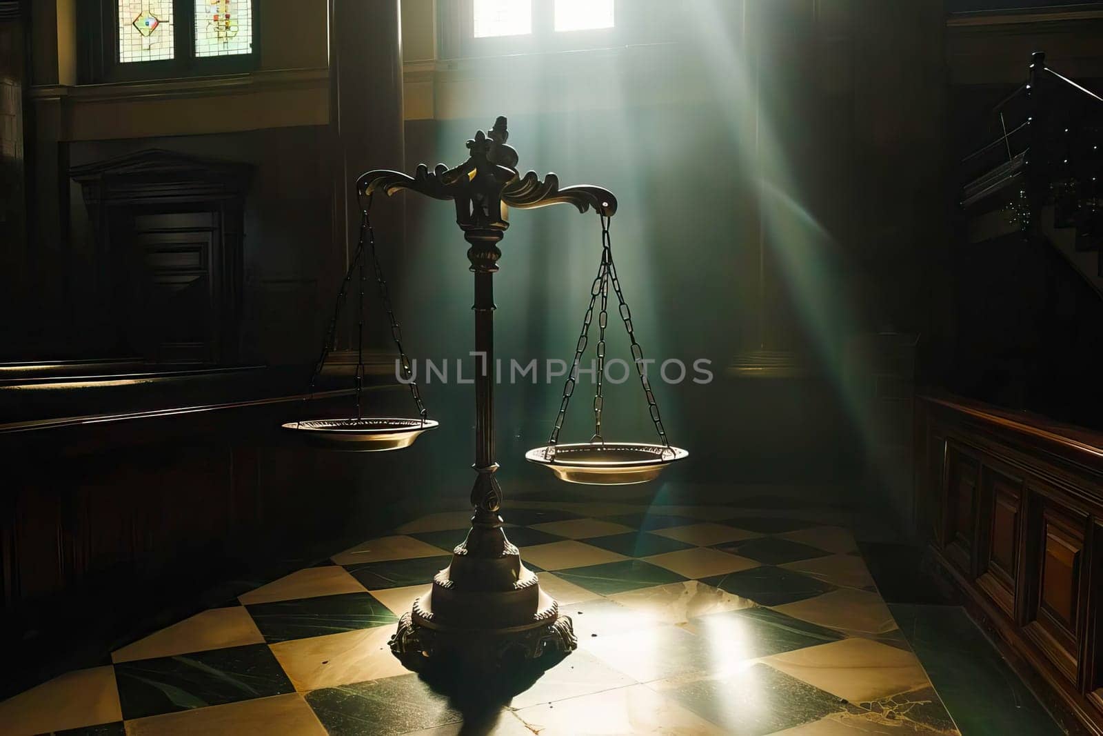 A scales of justice in a dark court hall room, with sunlight streaming through a window onto the scale.