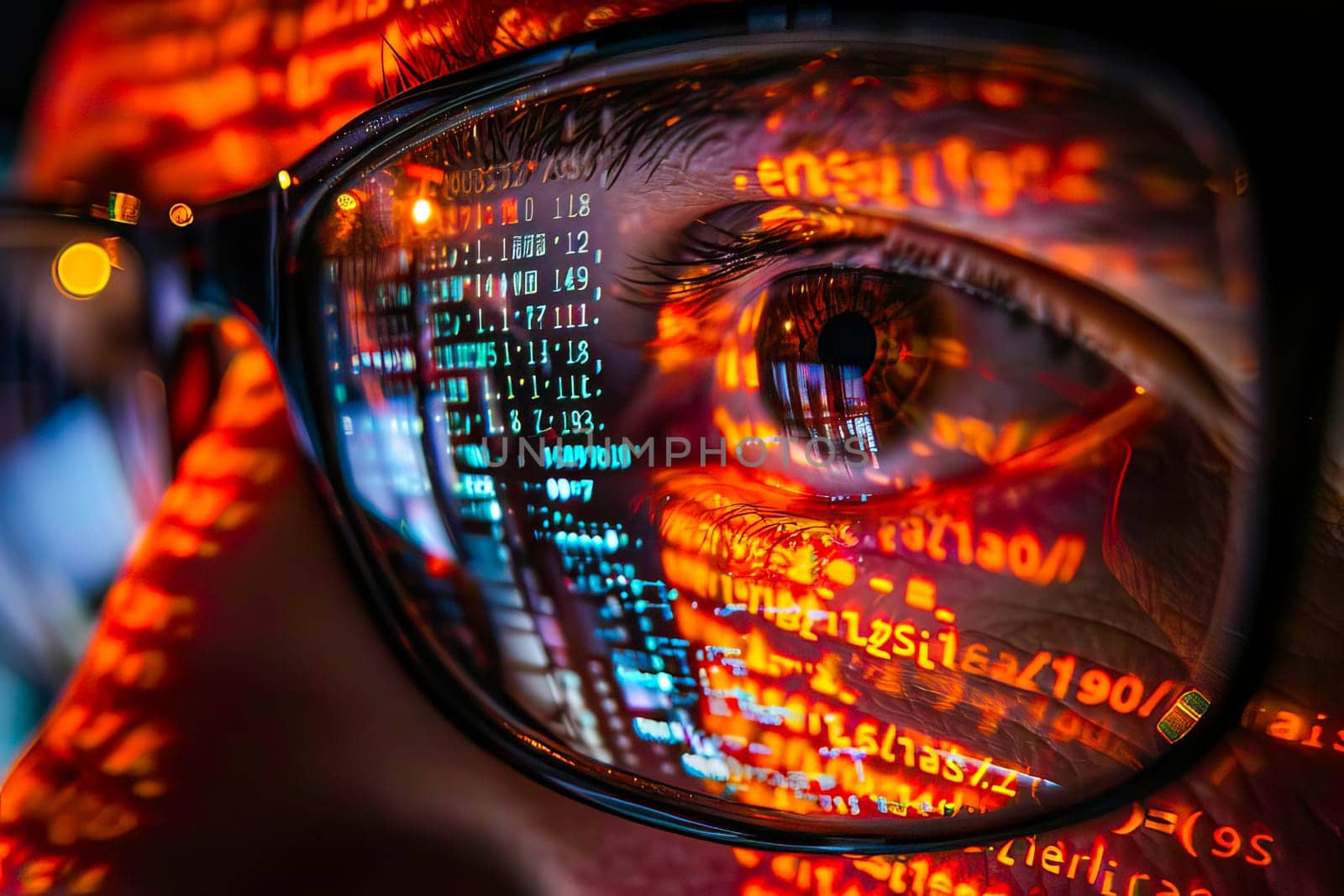 Detailed view of a persons eye with glasses in focus.