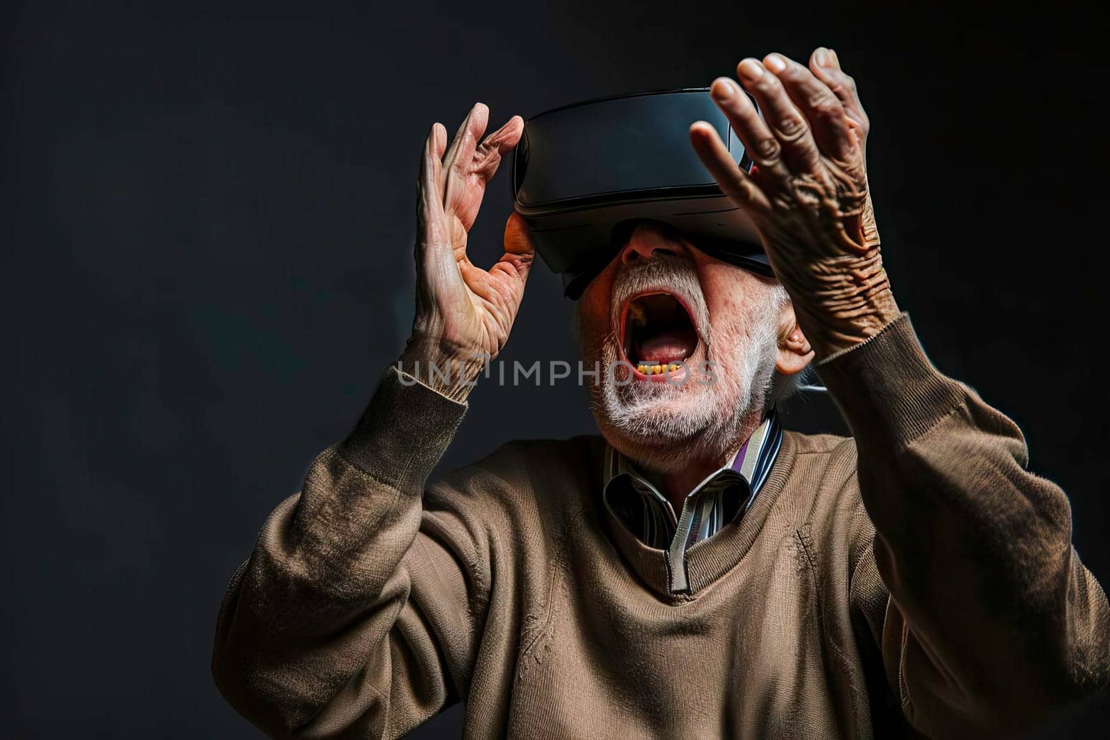 An elderly man wearing a hat yells while immersed in a virtual reality experience.