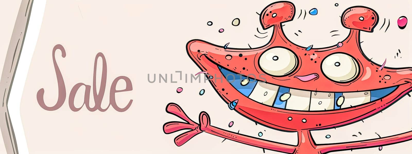 Playful pink cartoon crab character with big eyes celebrating a sale on a pastel background