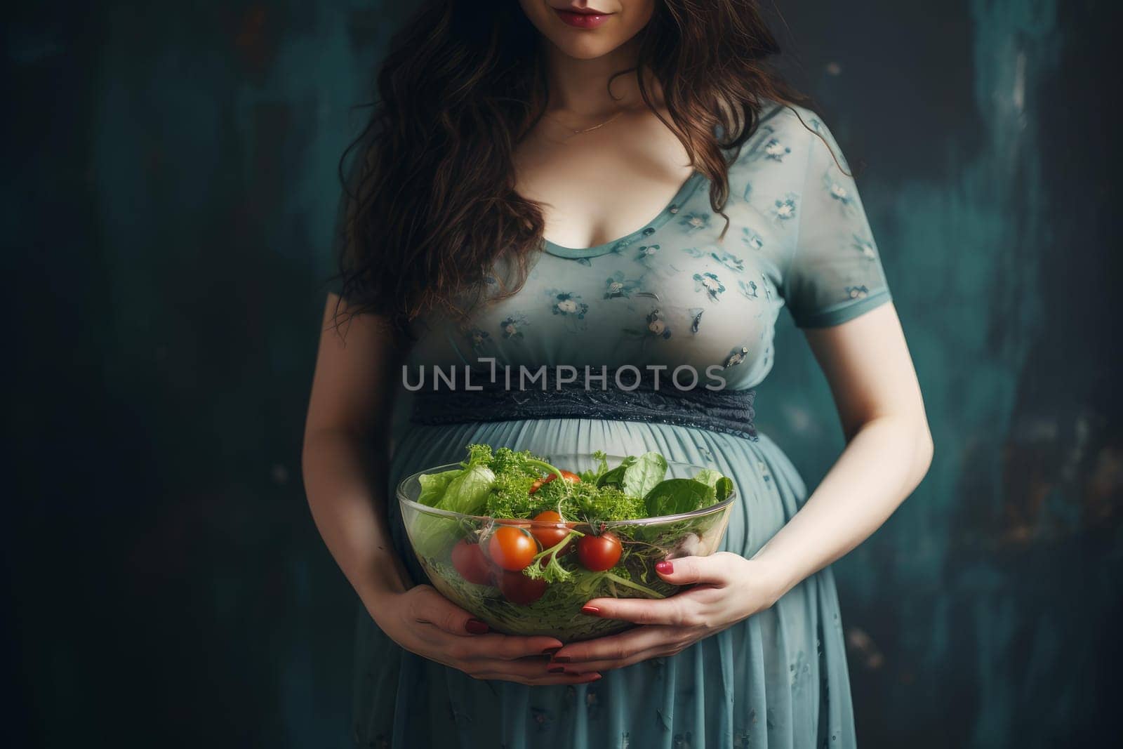 Nourished Pregnant smiling woman bowl salad. Vegetable meal. Generate Ai