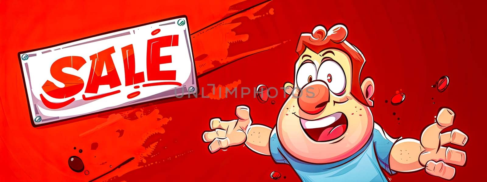 Cheerful cartoon man celebrates a sale, with splashes of red and a bold sign