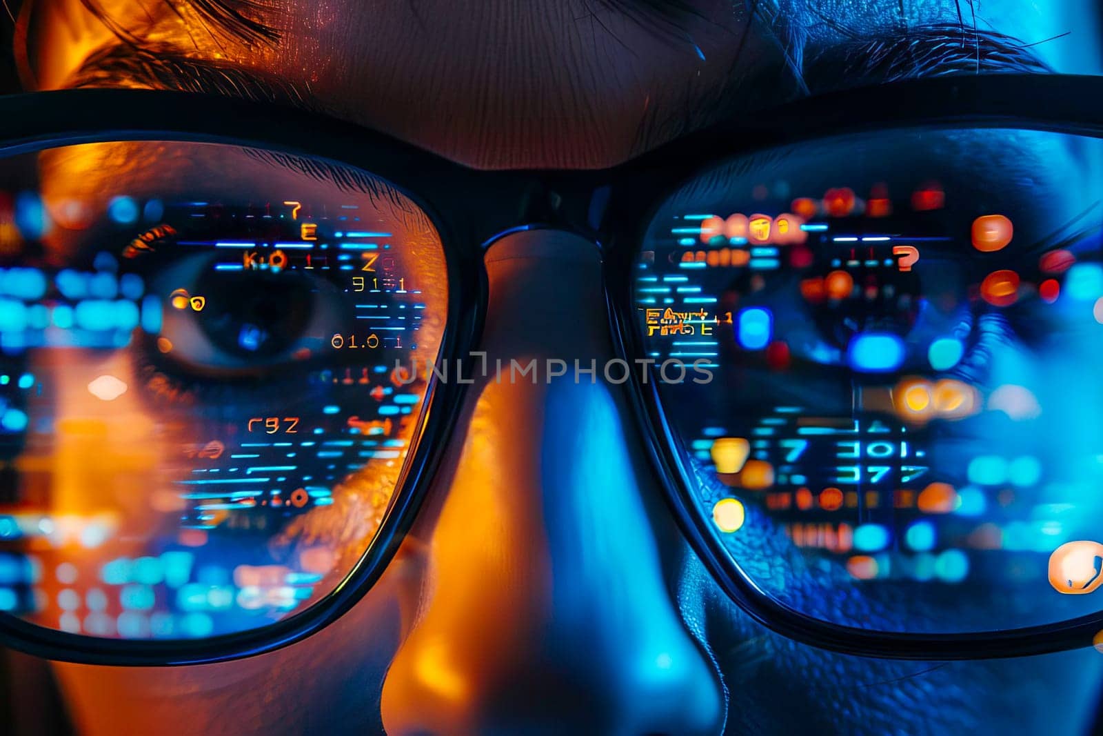 A close-up of a person wearing glasses, focusing on their eyes and the frames of the glasses against a computer monitor in the background.