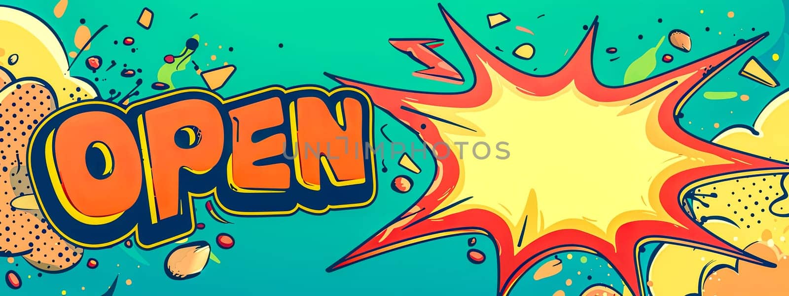 Vibrant comic book-style illustration announcing 'open' with dynamic burst effect