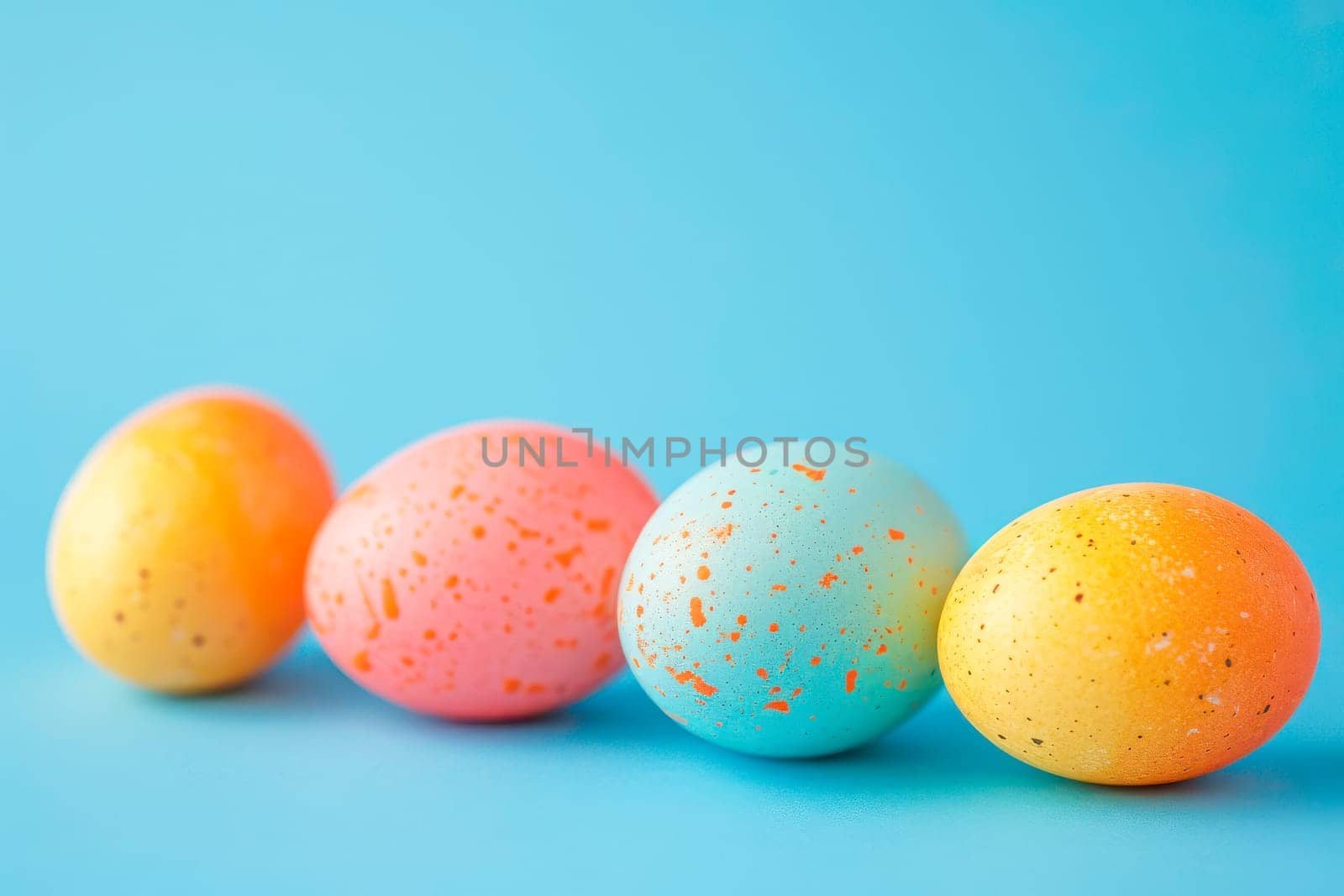 Vibrant row of Easter-themed bath bombs lined up on a blue background.