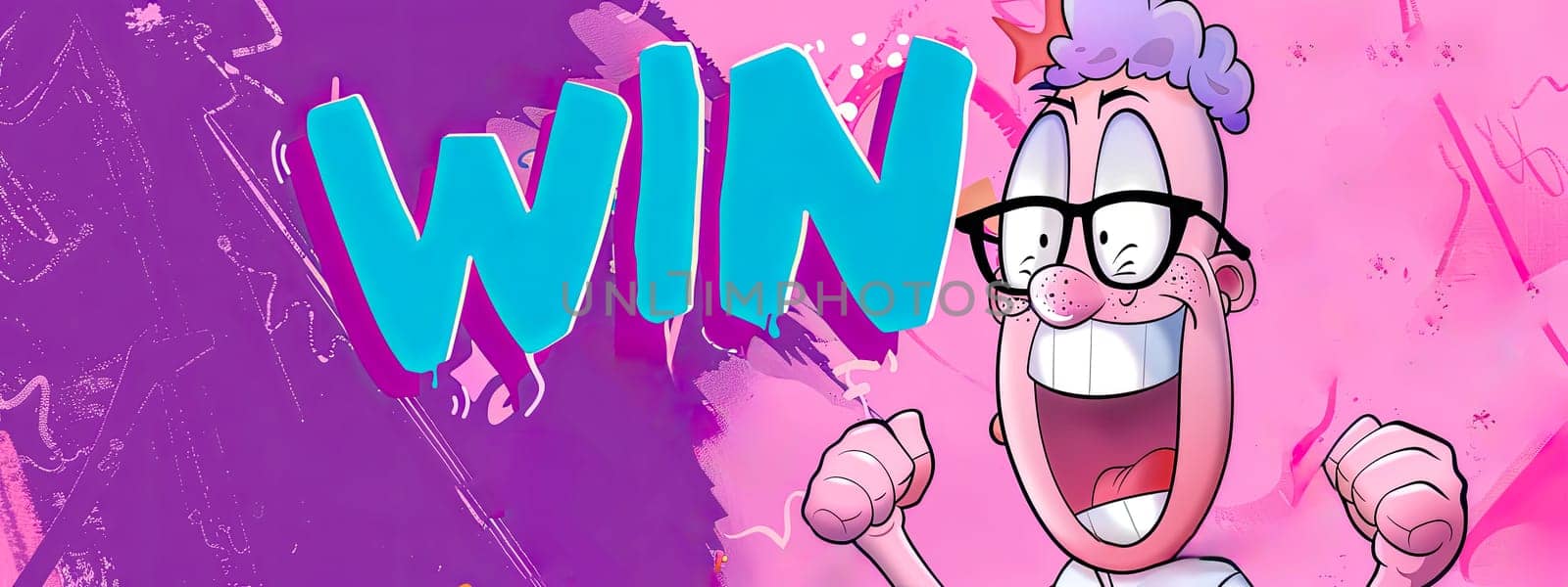 Animated male character joyously celebrates a win on a vibrant pink background