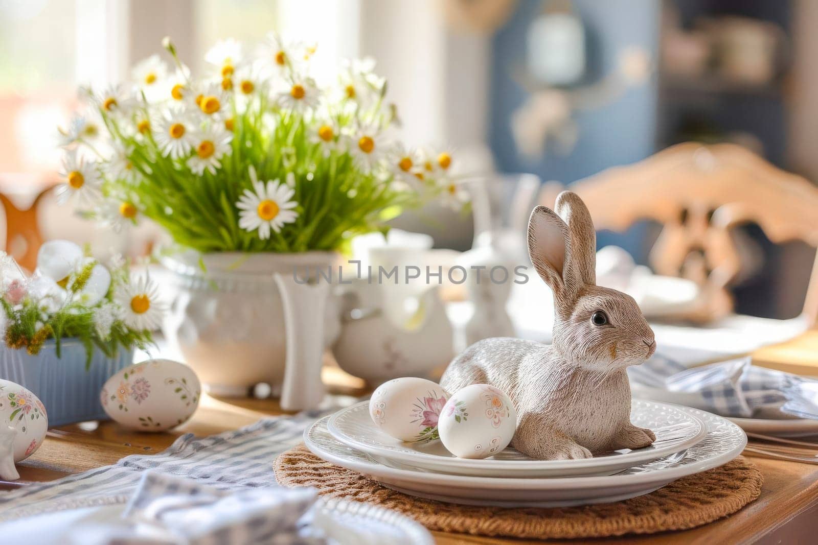 Easter bunny figurine placed on plate, resting on table in kitchen decoration for Easter celebration.