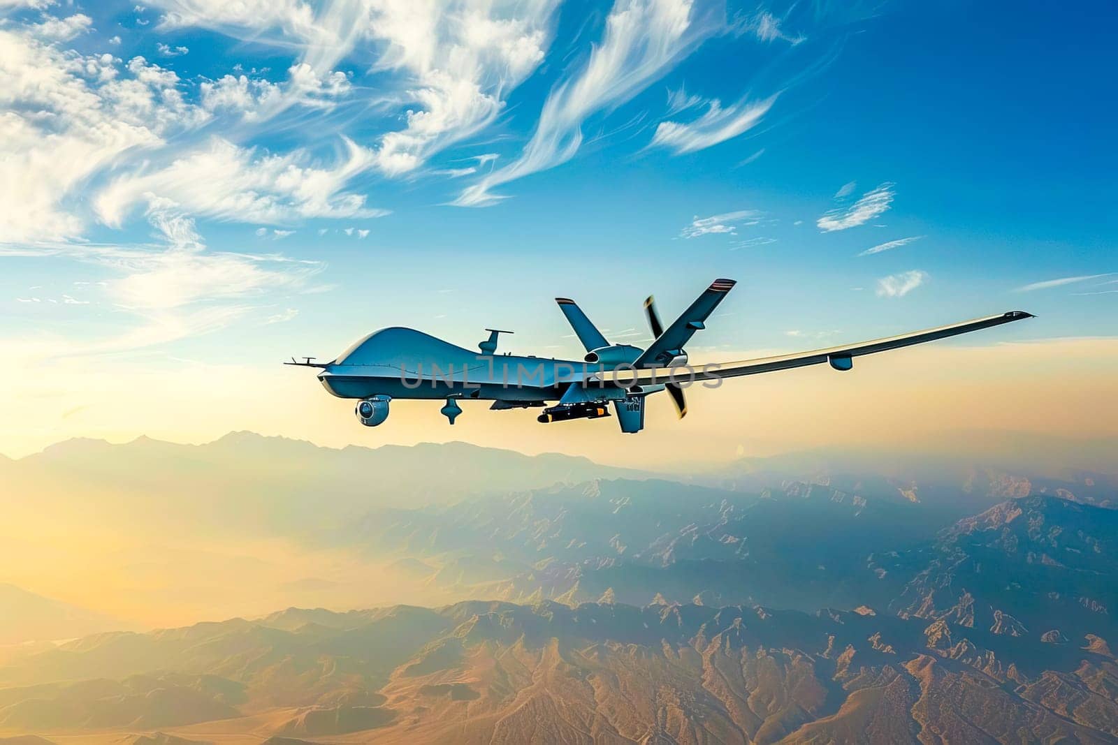 A military plane flies over a vast mountain range, showcasing its power and agility in the rugged terrain.