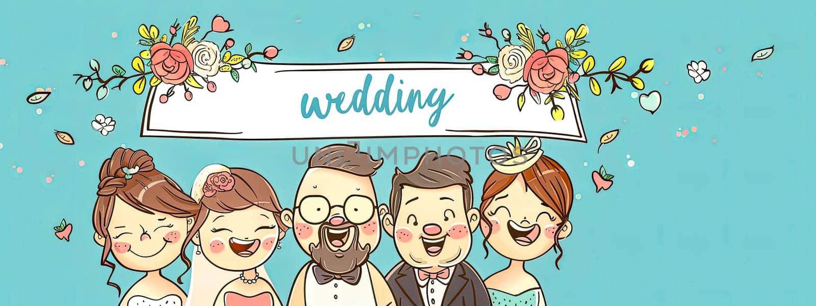Charming illustrated wedding banner with a cartoon bridal party
