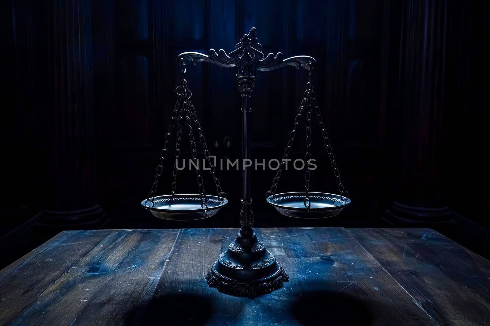 Scale of justice symbol on a wooden table in a dark room, representing fairness and legal matters.