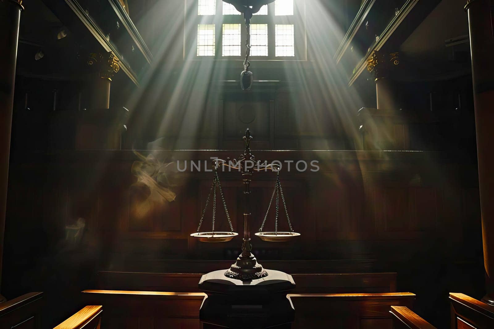 Sunlight illuminates courtroom with Scales of Justice in background.