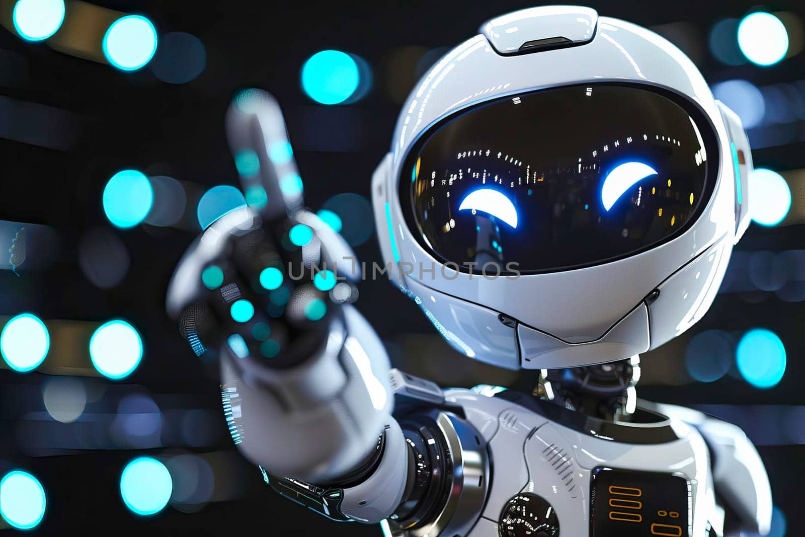 A cute robot is pointing at something., showcasing technology and artificial intelligence