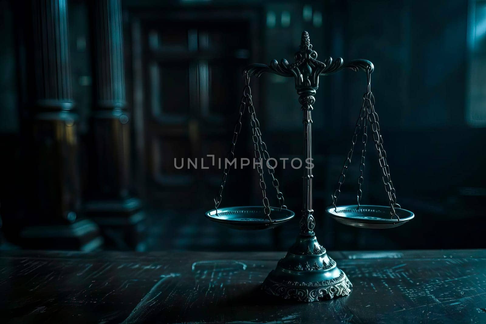 A scale of justice resting on a wooden table in a dimly lit court hall.