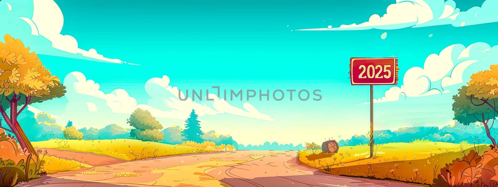 Colorful illustration of a tranquil countryside road leading towards a sign with the year 2025