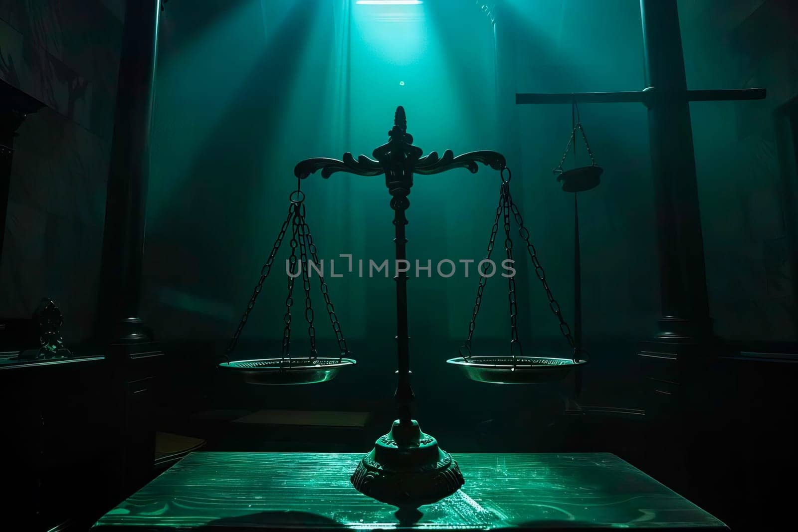 Scene of a dark court hall with a scale of justice and two bright lights illuminating the room.