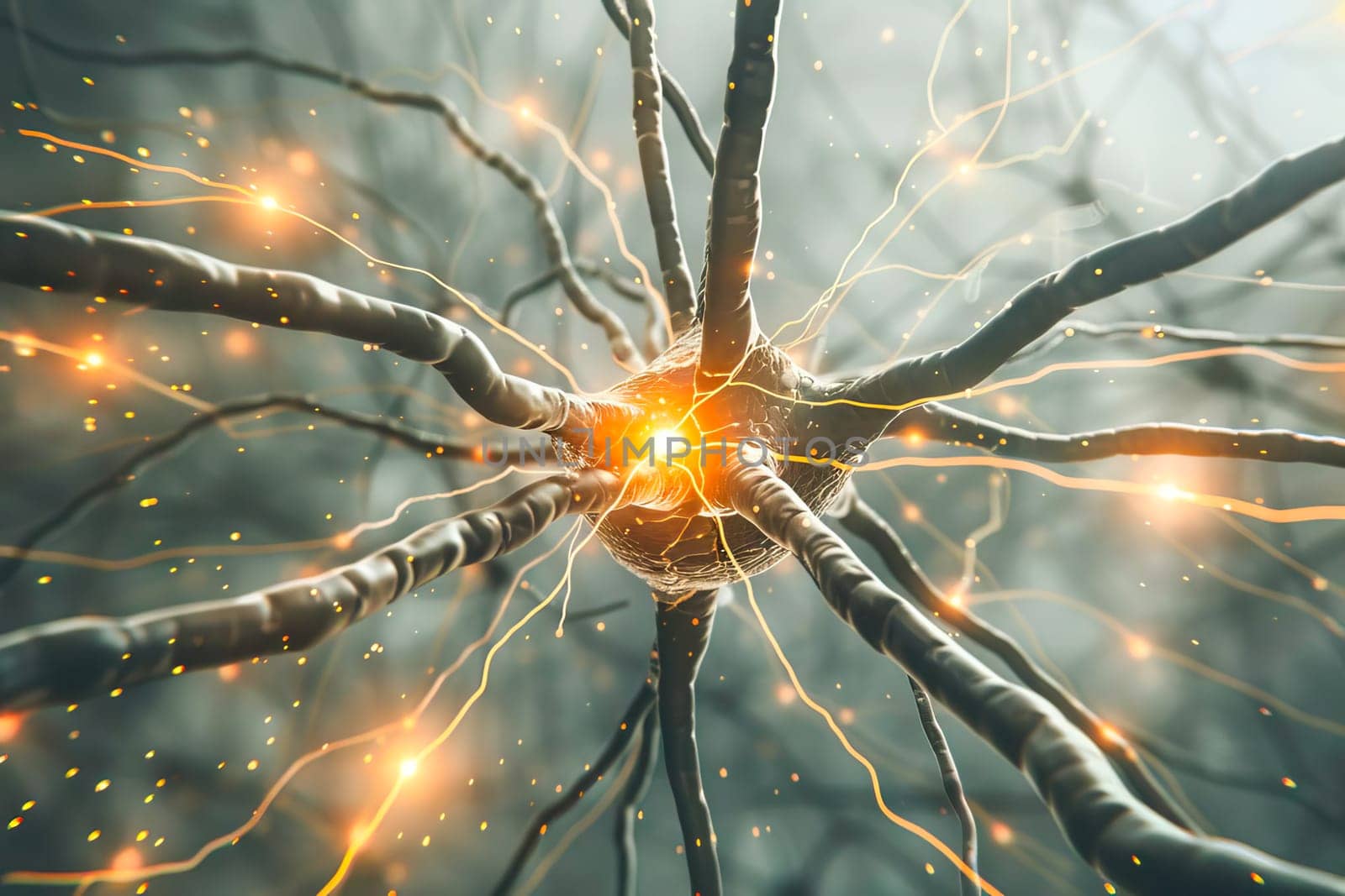 Neurons transmit signals with bright sparks in the brain.