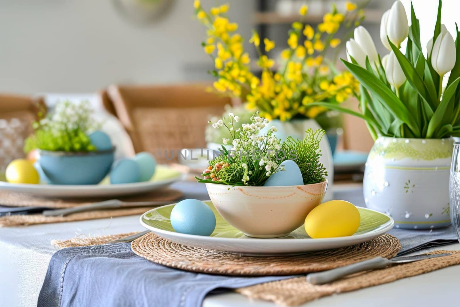 A kitchen table adorned with plates and bowls filled with colorful Easter eggs, creating a festive and cheerful ambiance.
