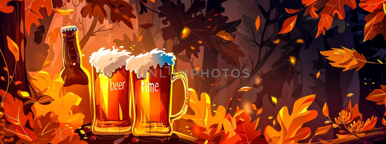 Illustrative banner with beer glasses surrounded by vibrant fall foliage