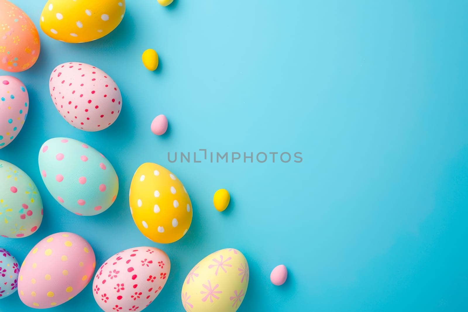 Vibrant Easter eggs in various colors displayed on a bright blue background.