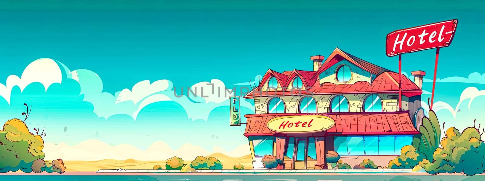 Whimsical and vibrant cartoon hotel illustration with colorful and stylized landscape background, perfect for travel, accommodation, tourism, and hospitality industry