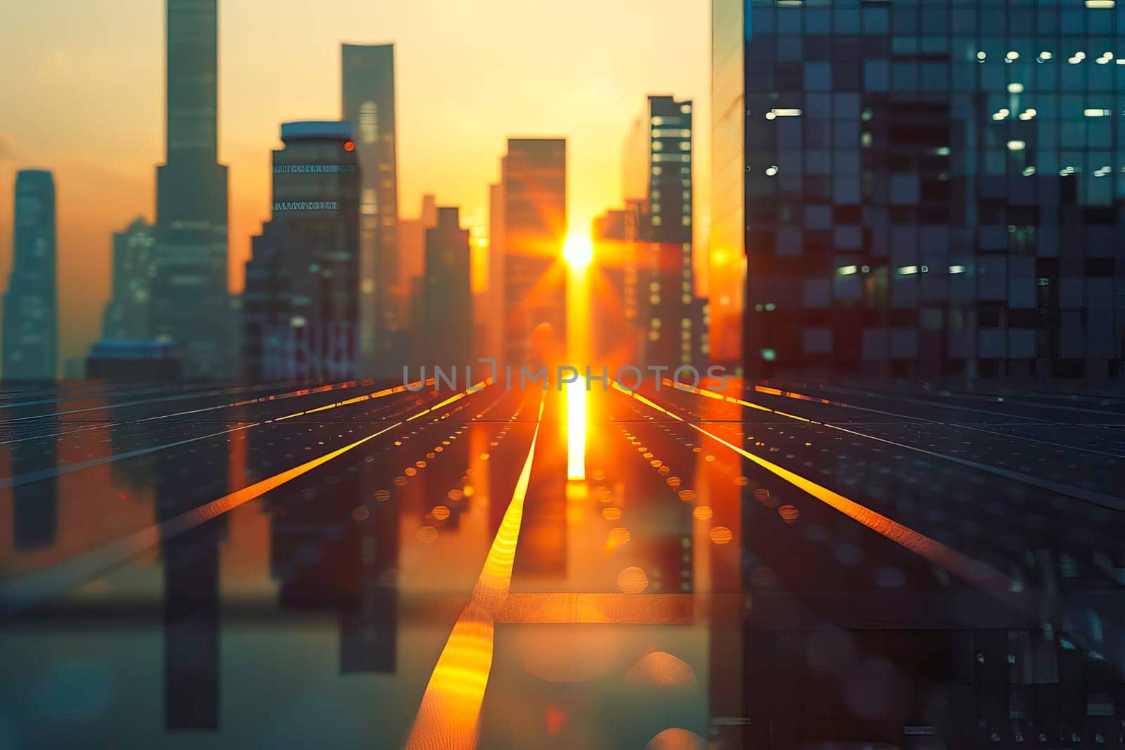 The sun is setting over a cityscape filled with tall buildings and skyscrapers.