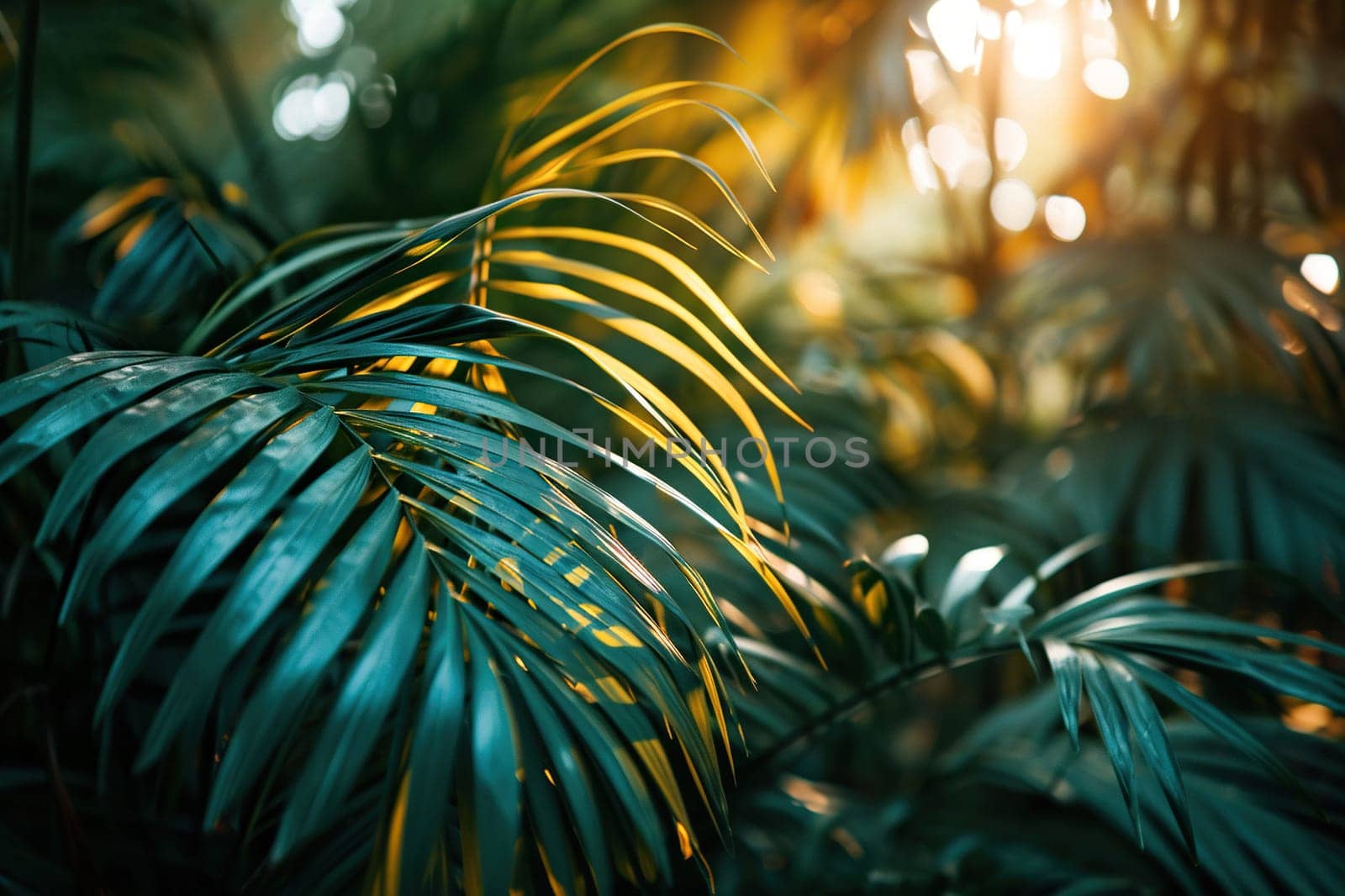 Beautiful summer view of green tropical leaves in sunlight.