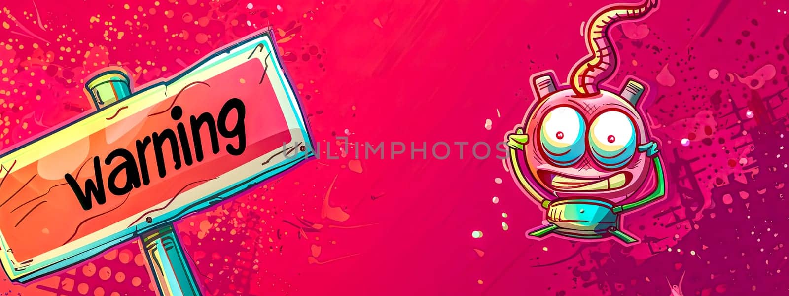 Vibrant illustration with a robot and warning sign on a dynamic pink background