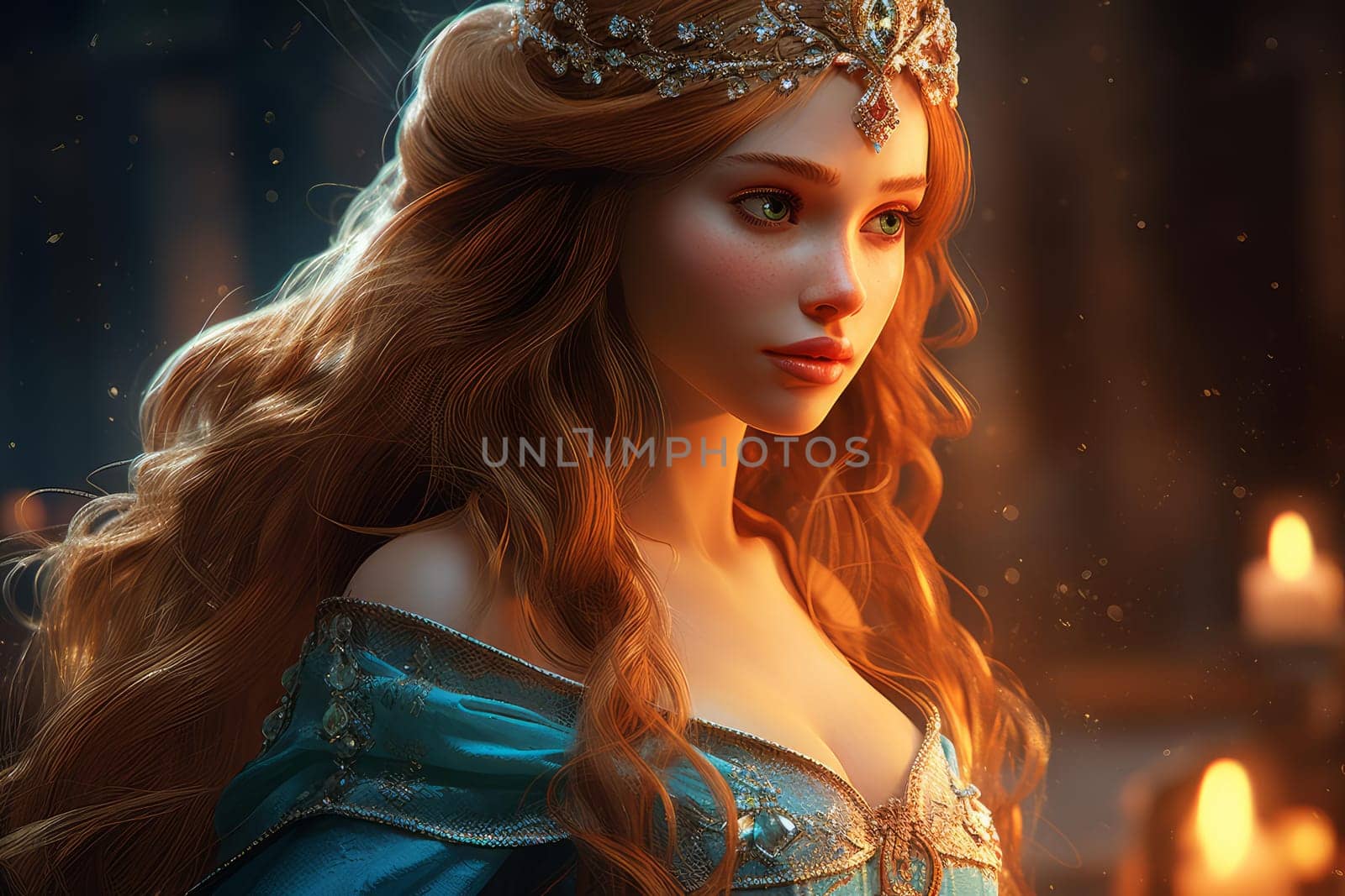 Majestic Princess head closeup. Royal story. Fictional person. Generate Ai