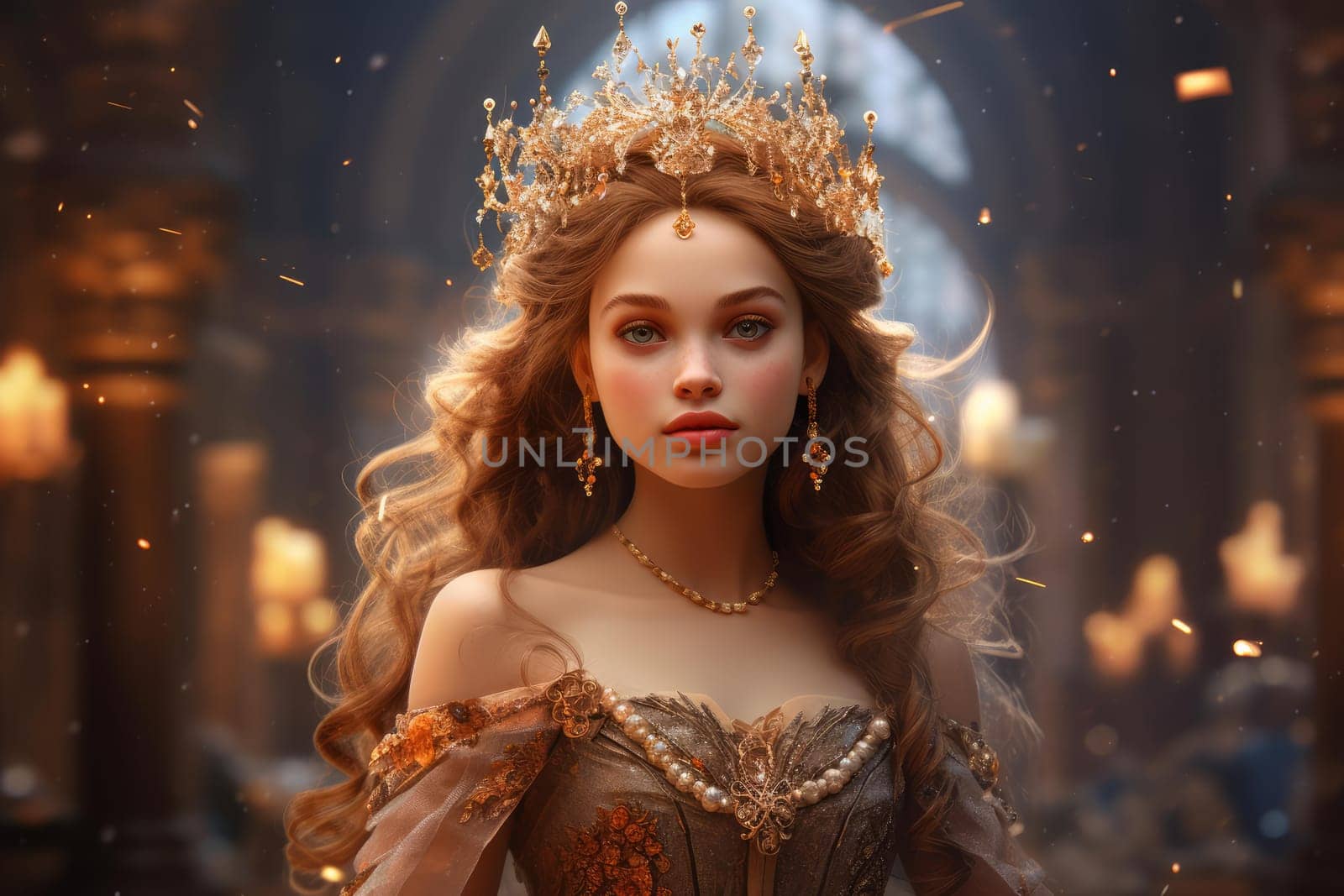 Appealing Cute sexy princess. Dress gold. Fictional person. Generate Ai
