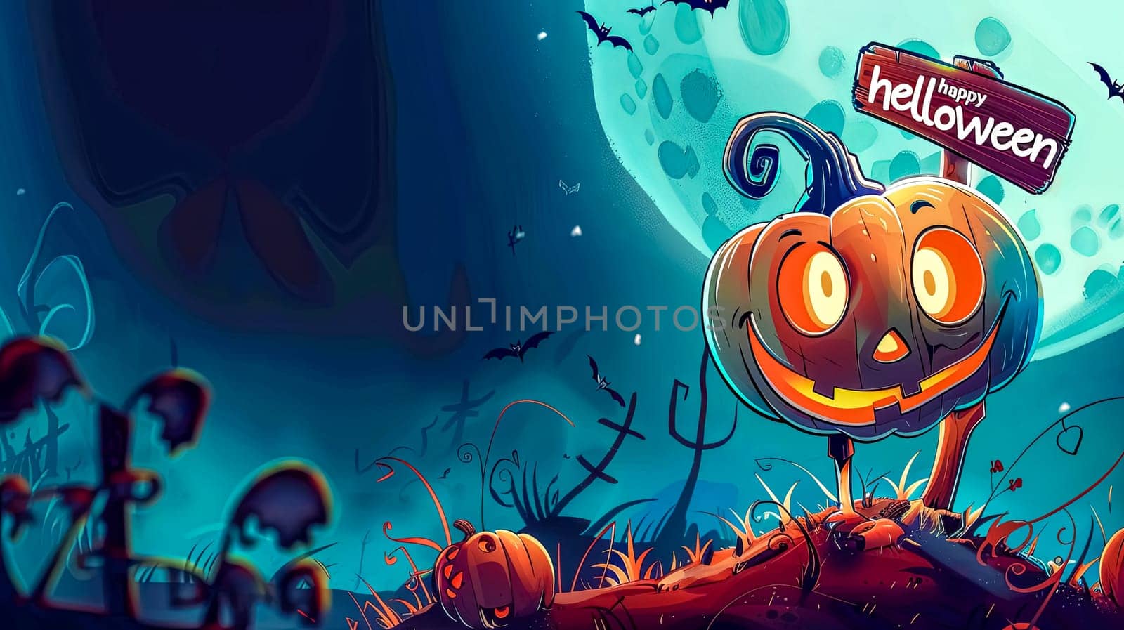 Vibrant illustration of a smiling jack-o'-lantern in a spooky fantasy setting for halloween