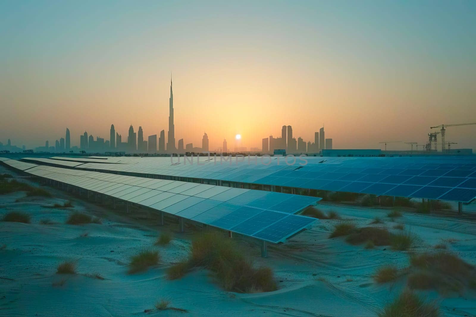 A solar panel capturing sunlight in the middle of a desert near Dubai.