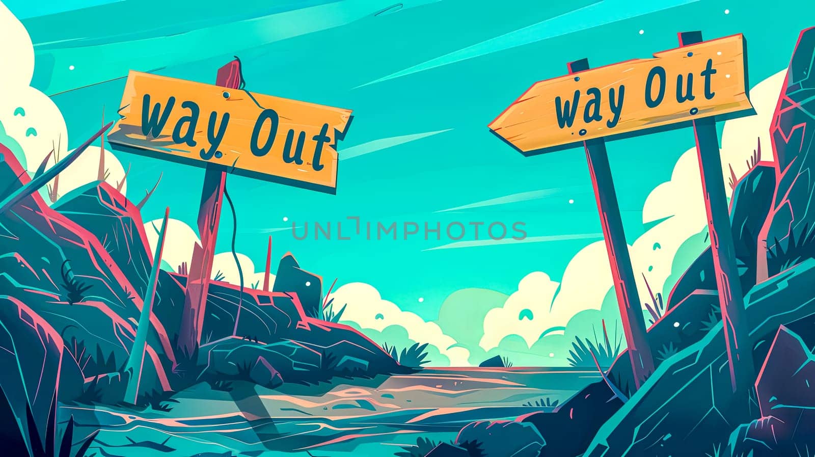 Brightly colored cartoon illustration of a crossroads with two way out signposts