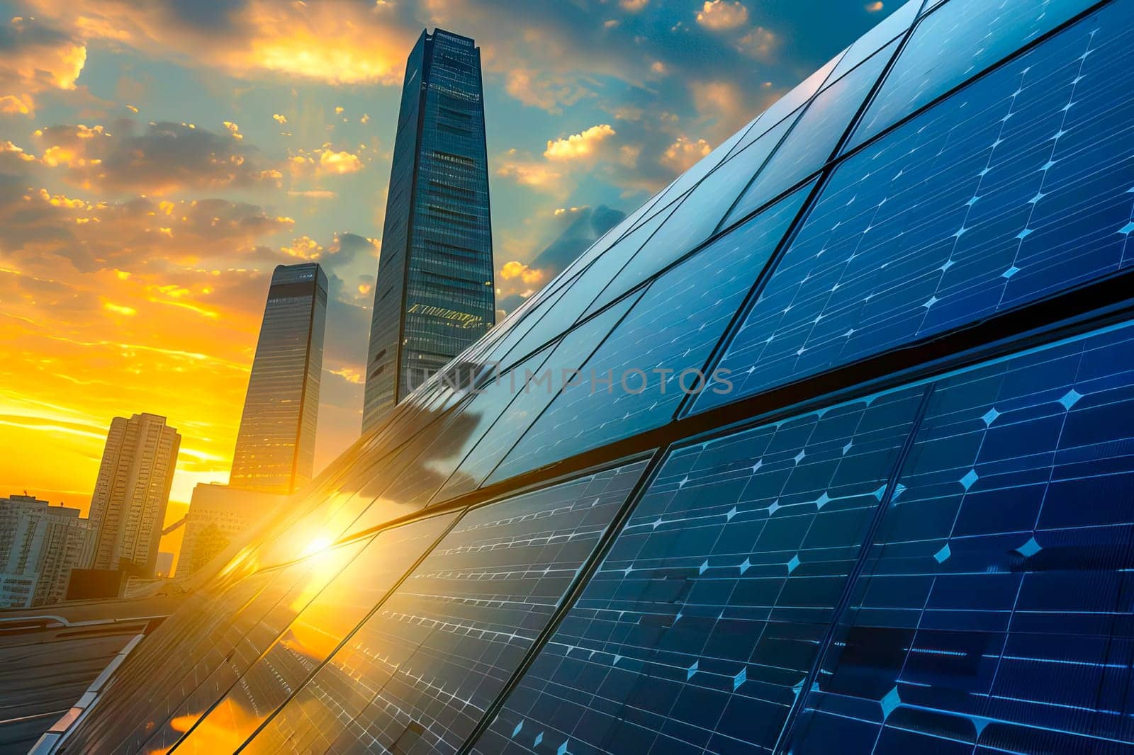 The sun sets behind a building with solar panels in a modern city.