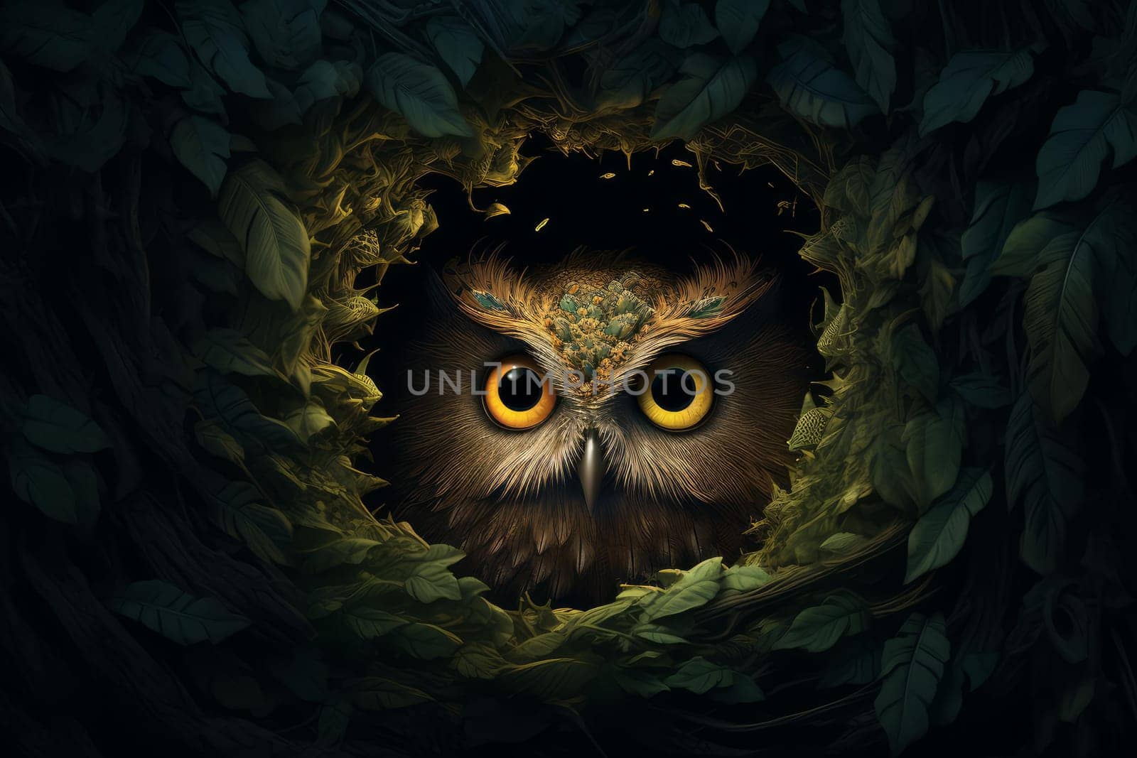 Hidden Owls hole. Beak predator wild. Generate Ai
