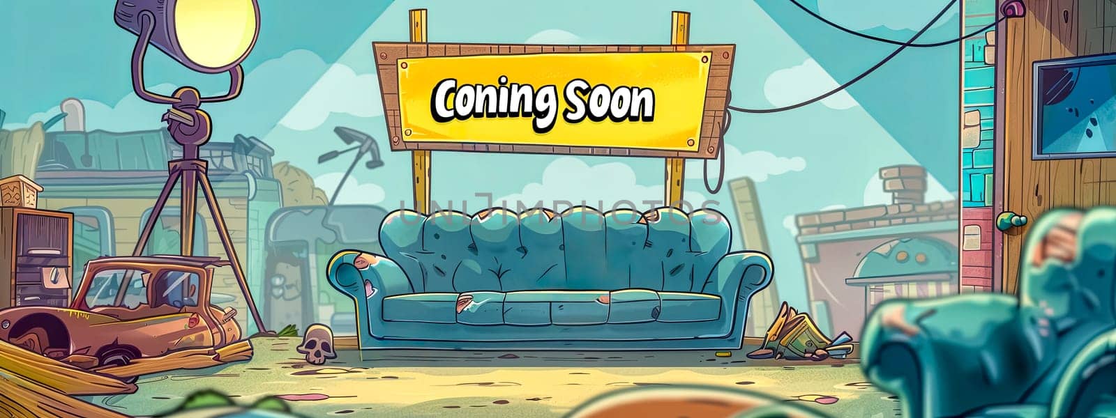 Cartoon image of a 'coming soon' sign over a sofa in a vibrant, detailed city setting