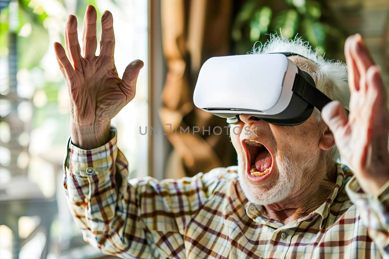 An older man engages with virtual reality technology, wearing a headset and shouting.