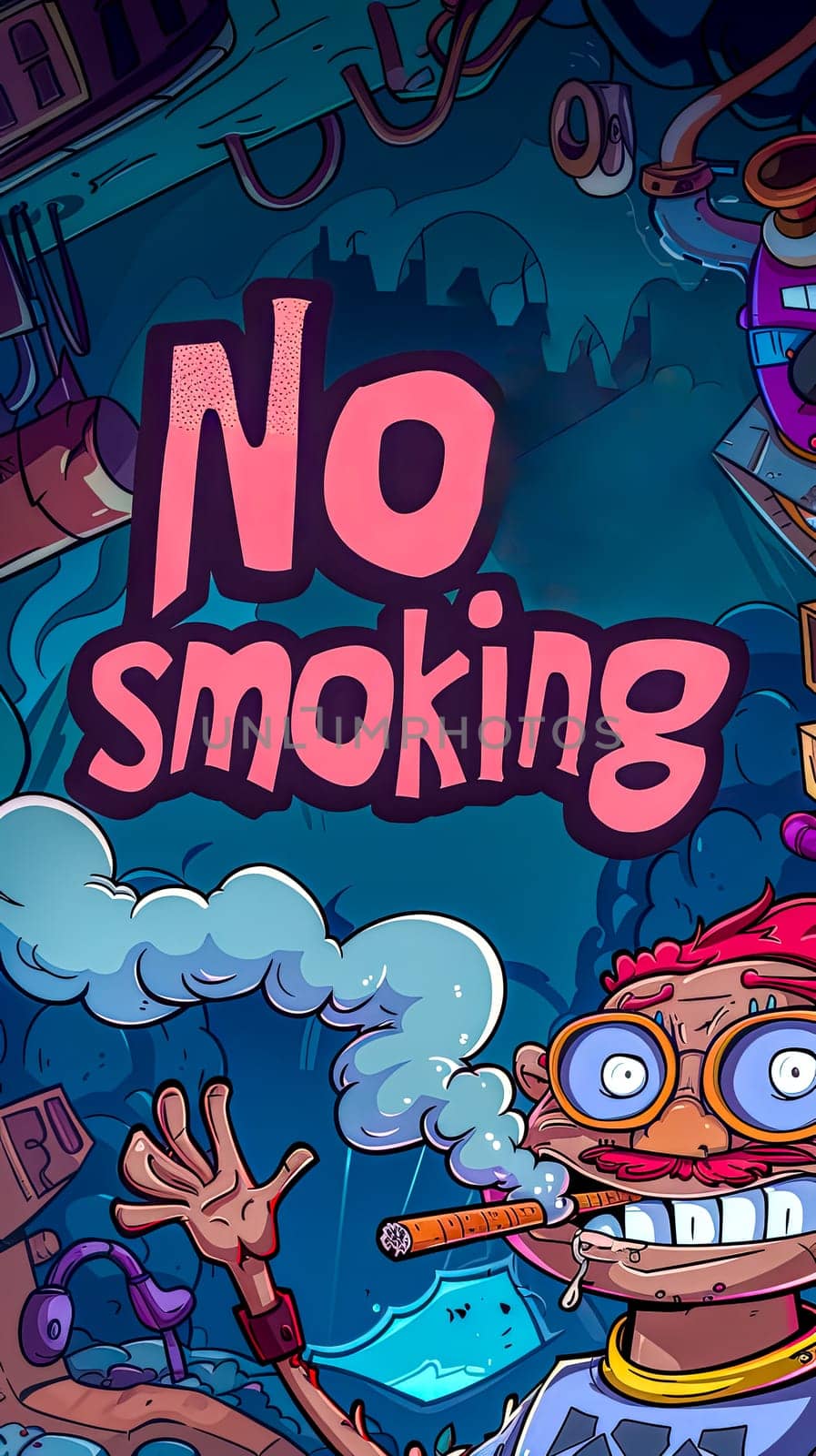 Vibrant cartoon poster with exaggerated character disobeying a 'no smoking' sign, comic style