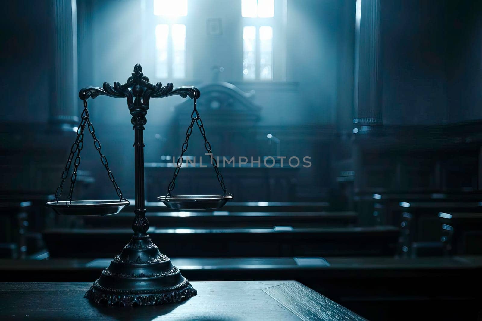 A scale of justice stands in a dark court hall.