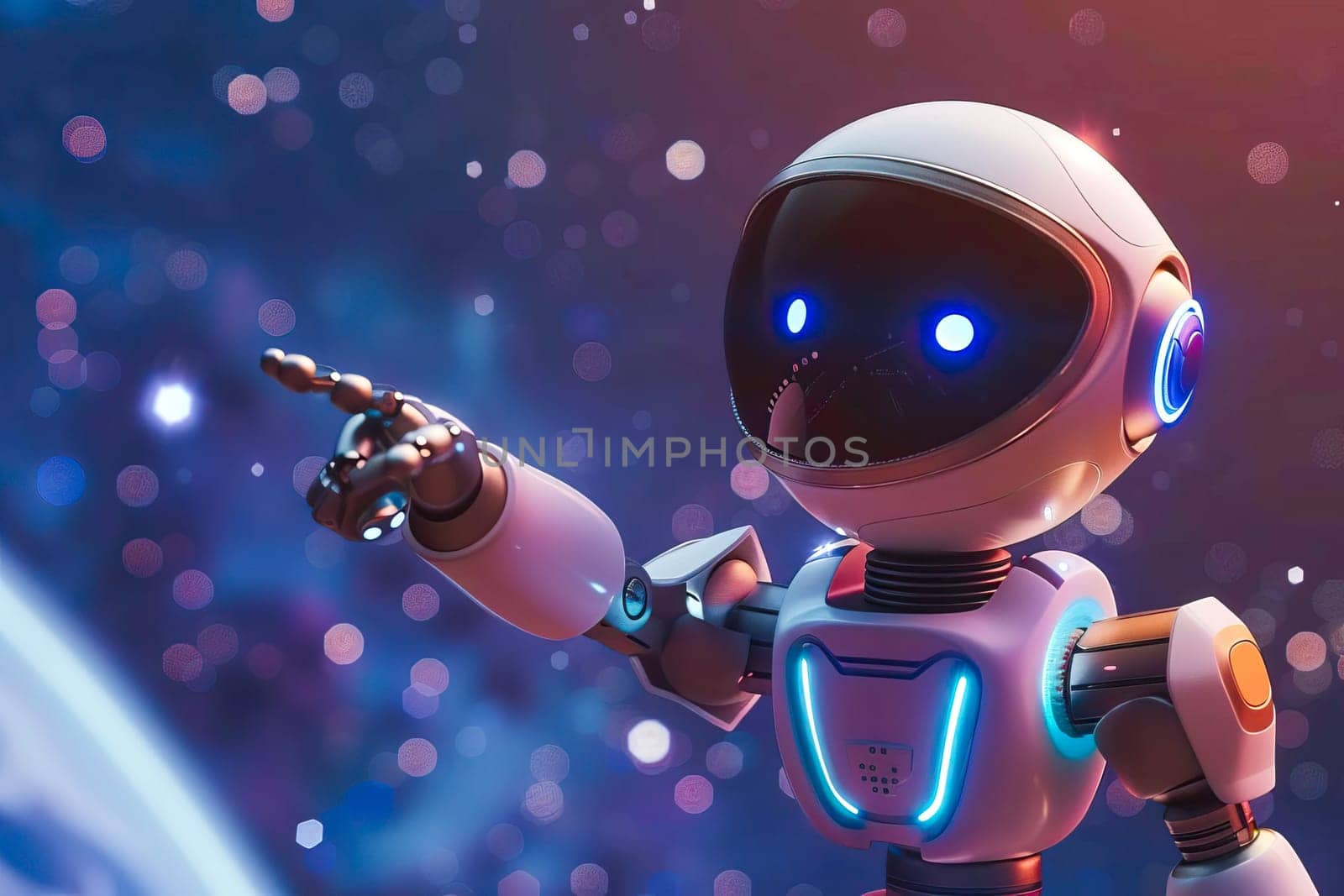 A cute robot with glowing eyes pointing at something in a futuristic setting.