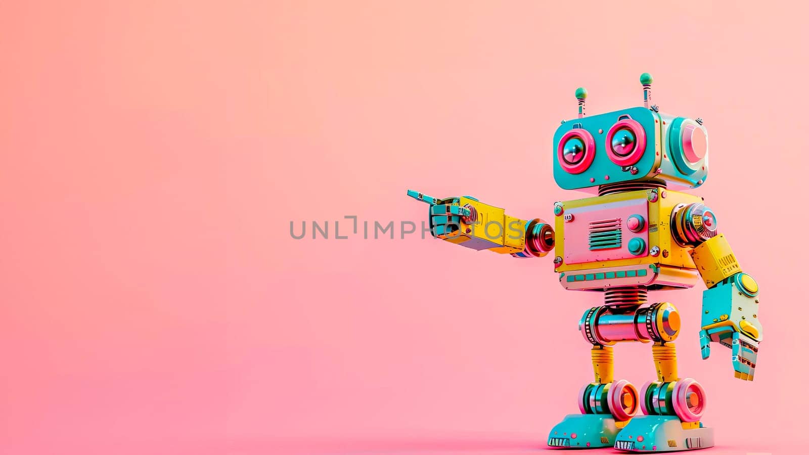 Colorful toy robot with a happy expression pointing at something on a bright pink backdrop. by vladimka