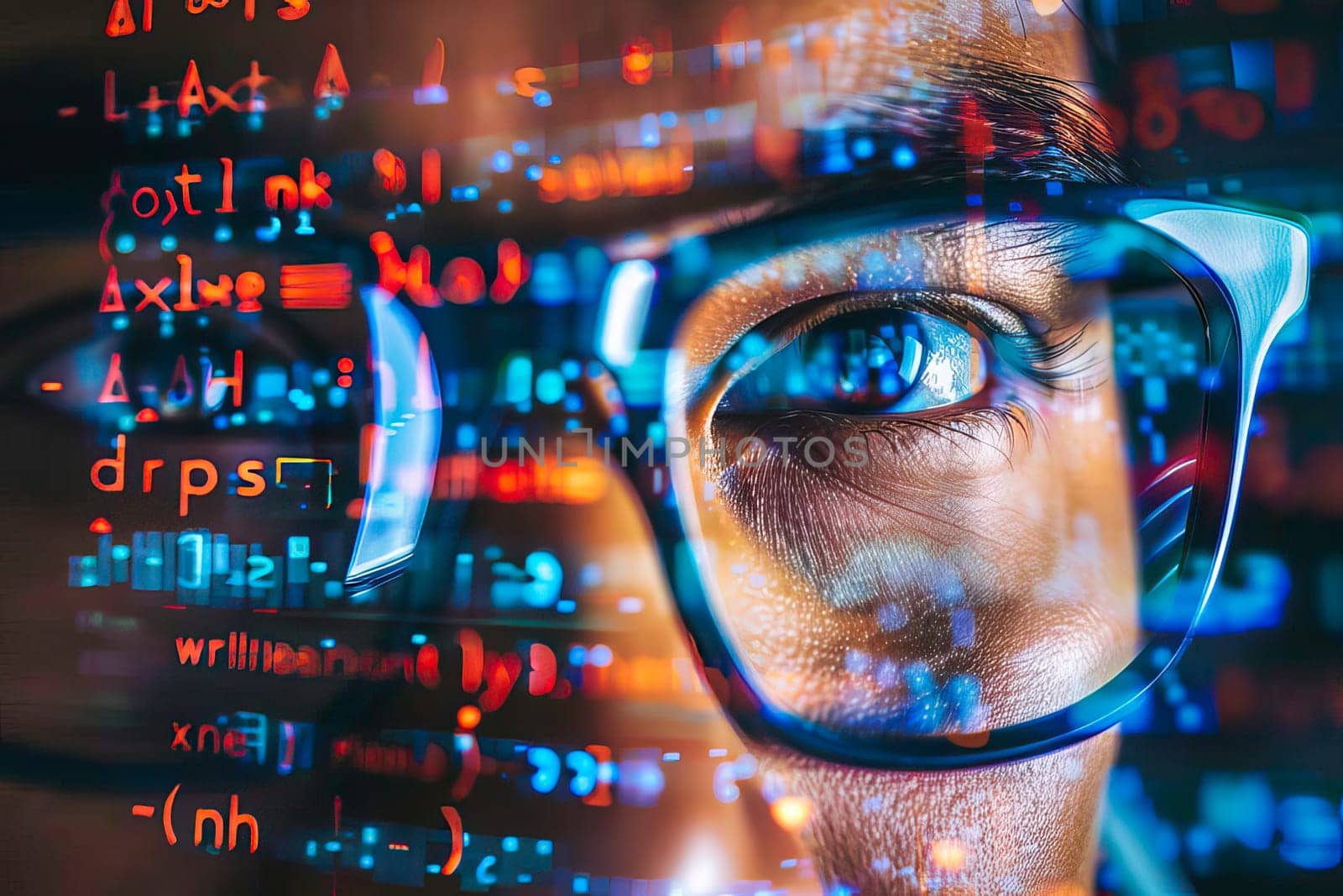 Macro view of a human face with a computer monitor reflected in the glasses. by vladimka