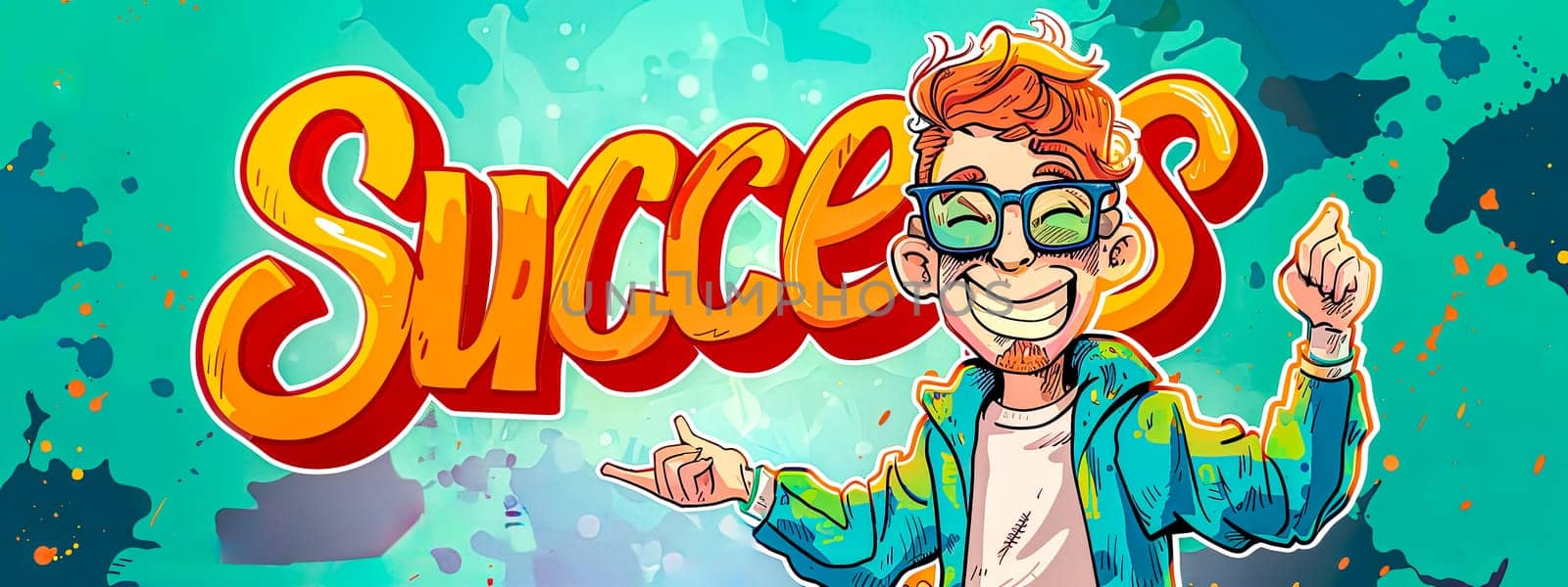 Animated male figure gesturing thumbs up and peace sign with 'success' text and vibrant background