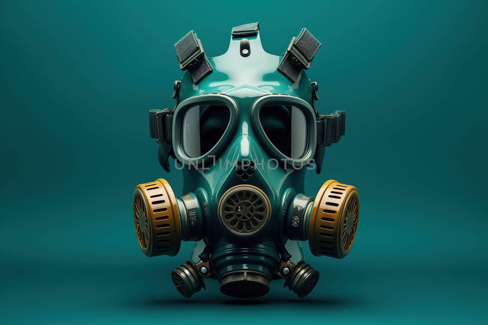 Gas mask with two filters on a black background. Respiratory protection.