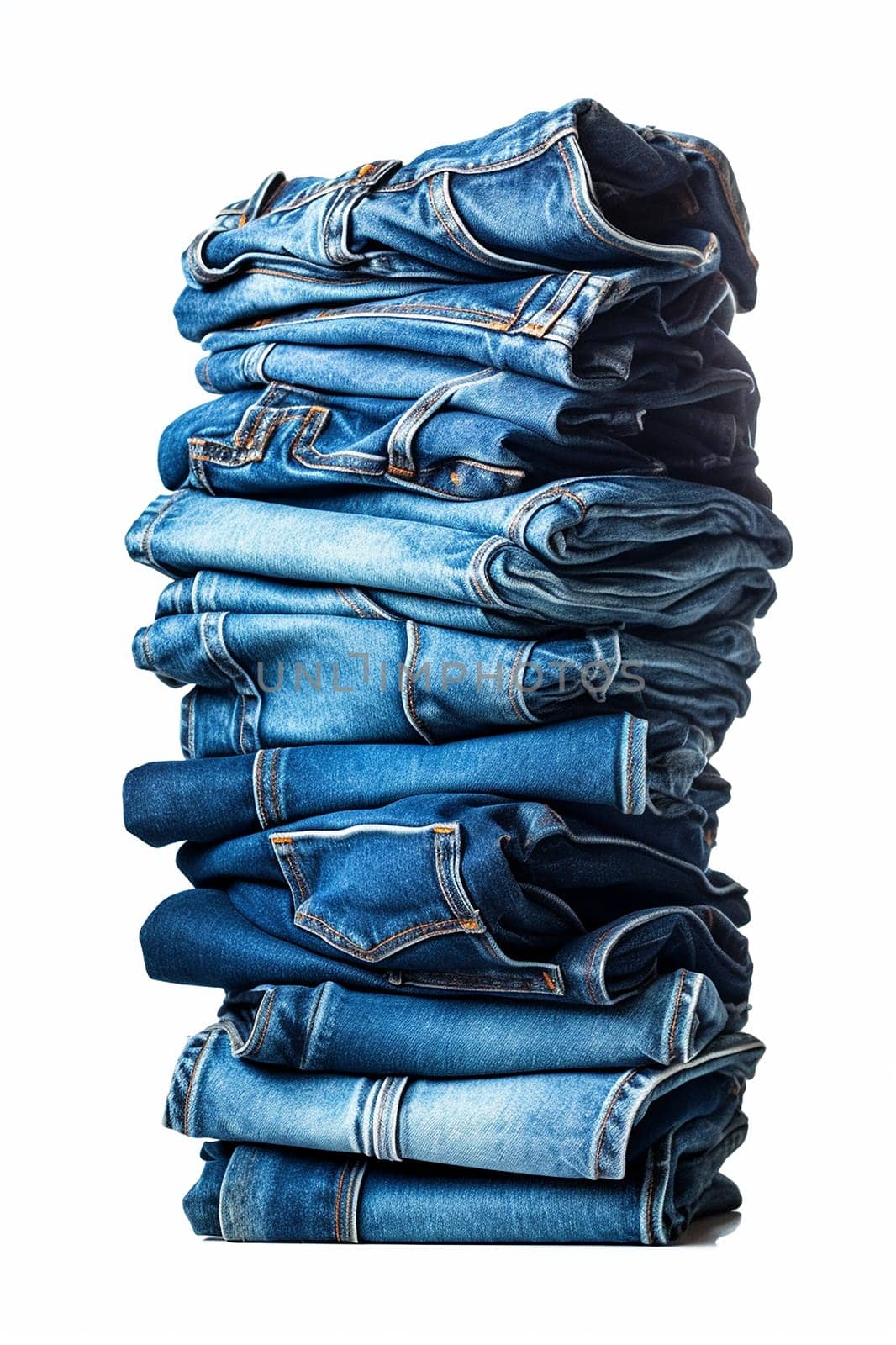 Stack of various blue denim jeans isolated on white.