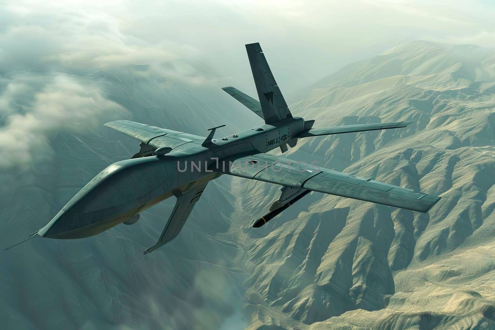 A military plane flies above a rugged mountain range, showcasing its strength and agility against the natural backdrop.