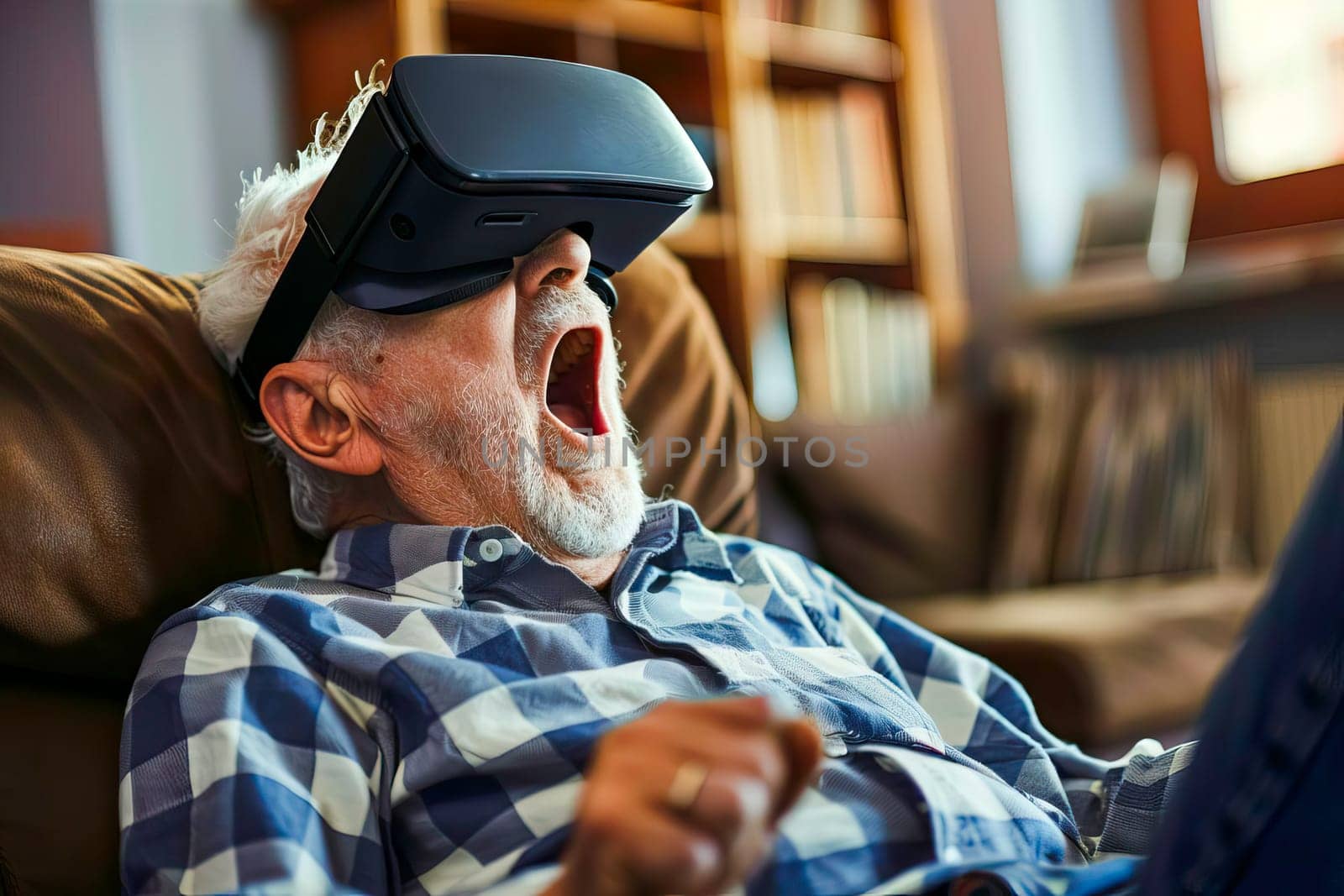 An elderly man in a plaid shirt immersed in a virtual reality experience. by vladimka