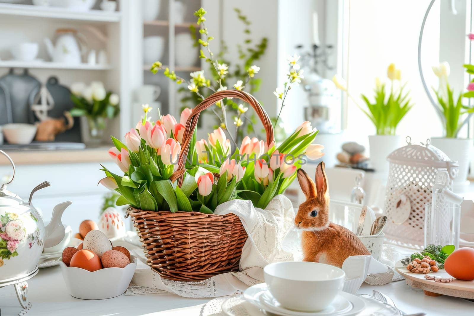 A white table adorned with a basket overflowing with vibrant flowers, creating a cheerful Easter kitchen decoration by vladimka