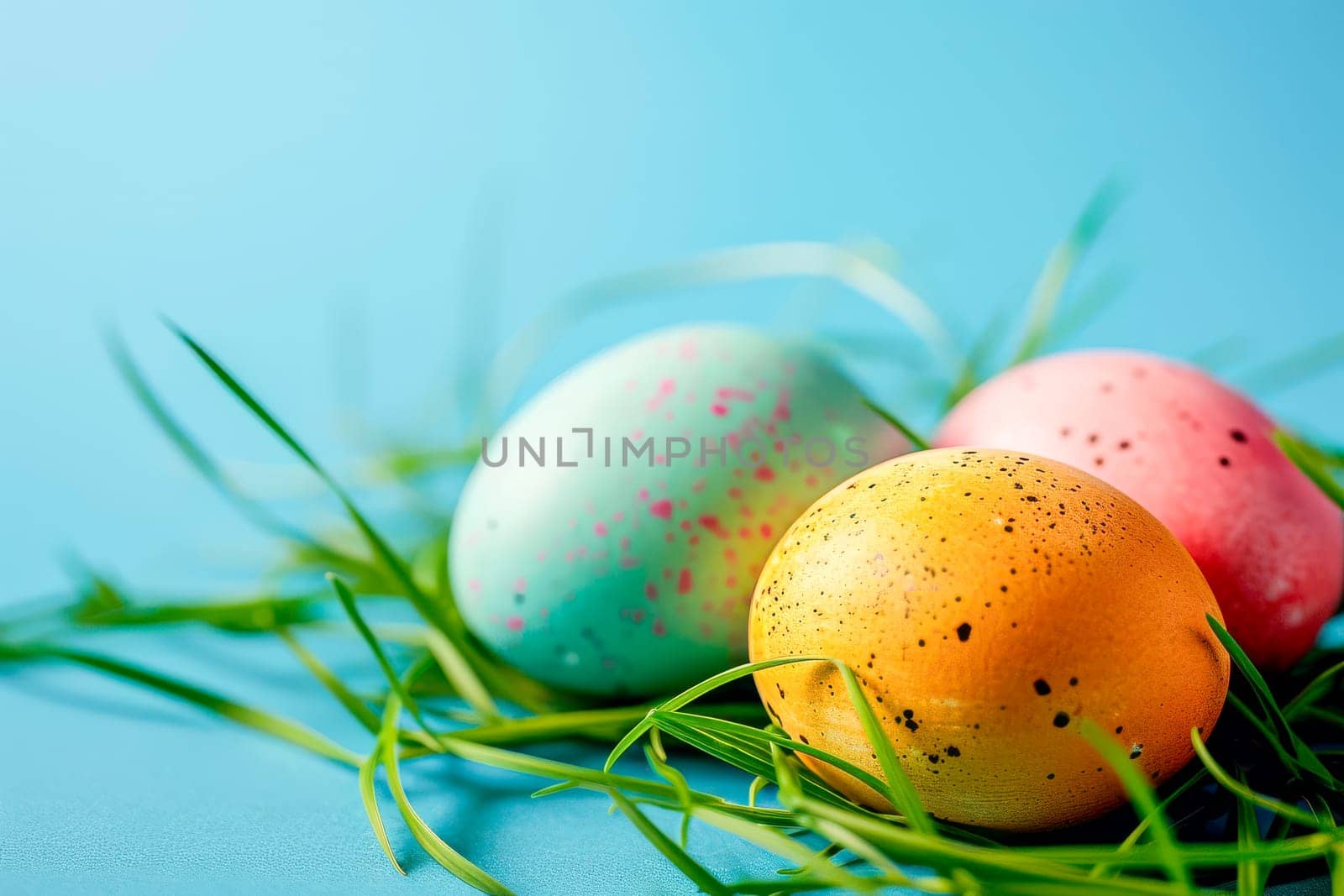 A group of three Easter eggs placed neatly on top of lush green grass.