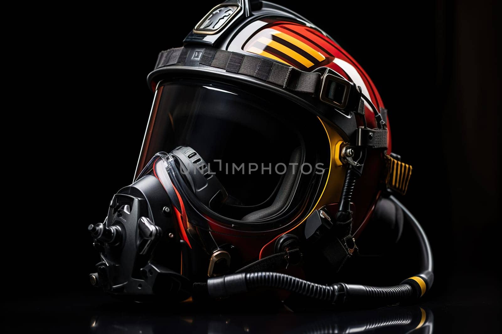 Fireman or rescuer protective helmet and gas mask on a black background.