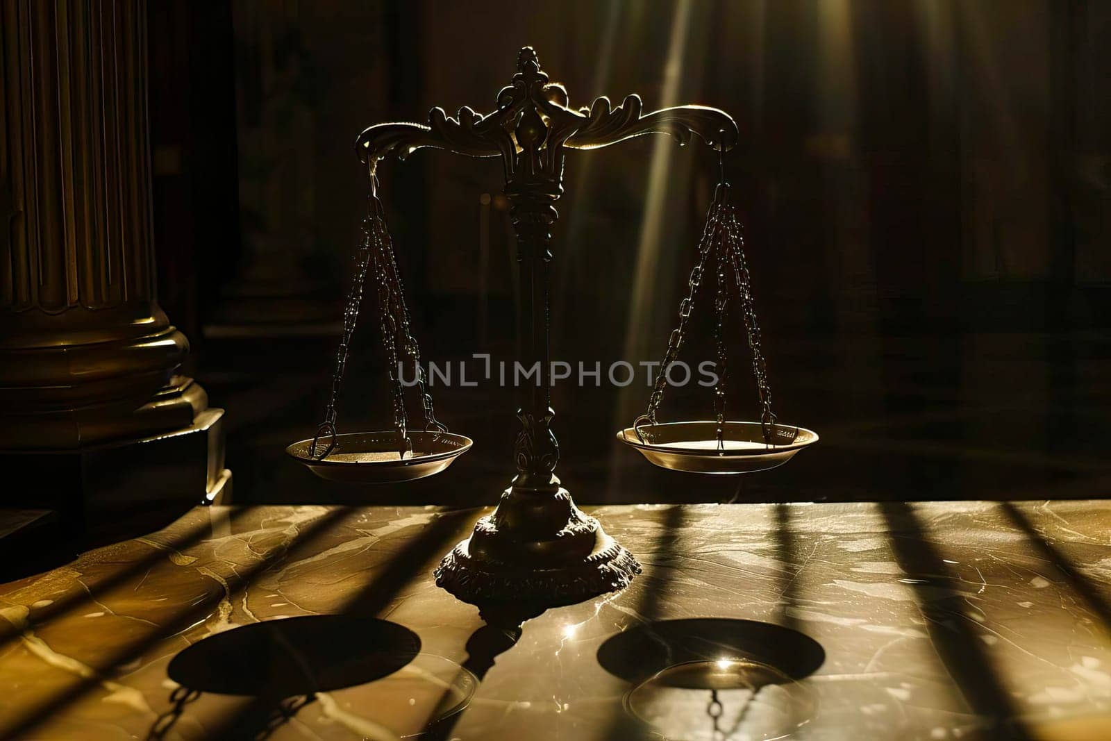 A scale of justice sits on a table in a dark court hall.
